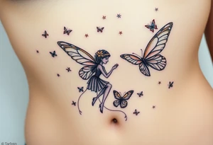 Small butterflies with sparkles falling as they surround a beautiful fairy with a young fairy staying close to to the other fairy with the butterflies looking to play tattoo idea