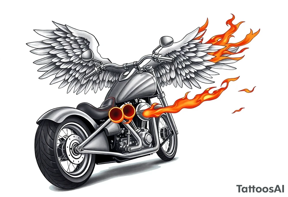 Low rider grey motorcycle, big muffler pipes with flames, angel wings, driving away, no person tattoo idea