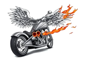 Low rider grey motorcycle, big muffler pipes with flames, angel wings, driving away, no person tattoo idea