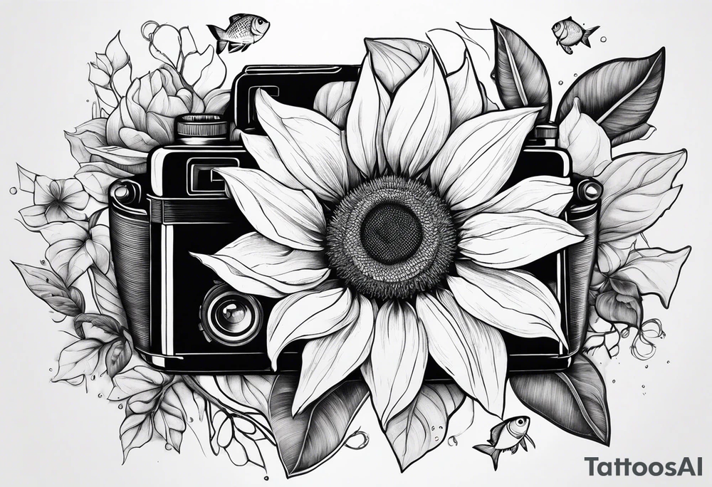 sunflower, camera, fish, flower rose tattoo idea
