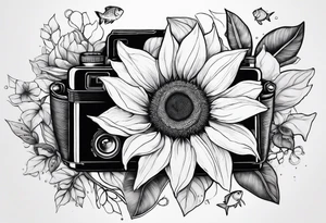 sunflower, camera, fish, flower rose tattoo idea
