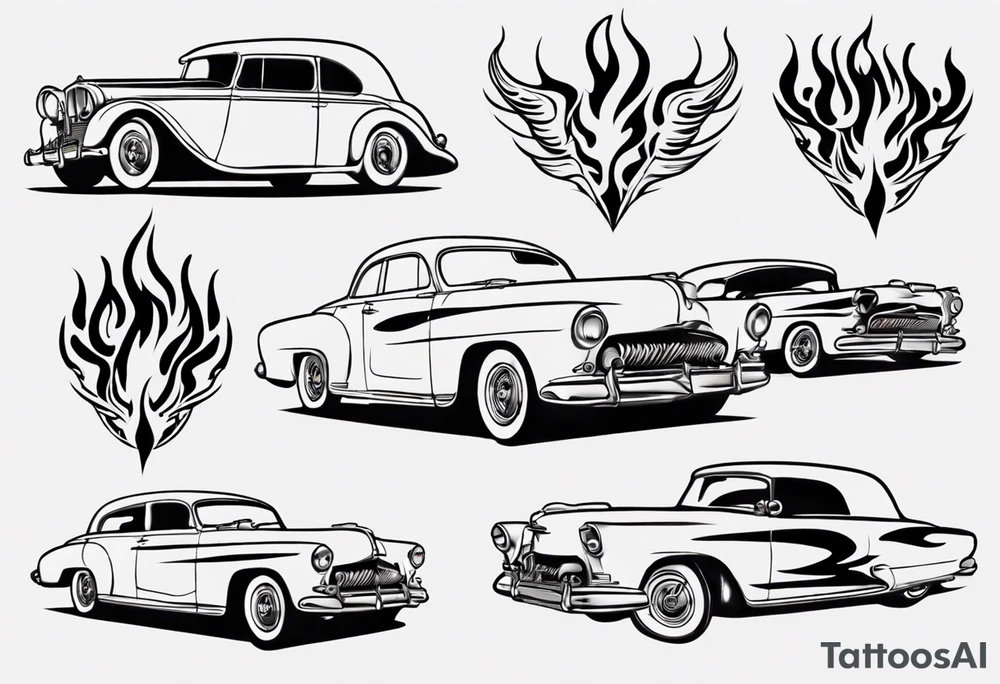 vintage classic car with flames coming out of the bonnet and a head at the top of the flames tattoo idea