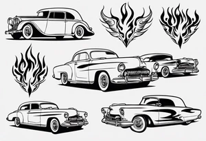 vintage classic car with flames coming out of the bonnet and a head at the top of the flames tattoo idea