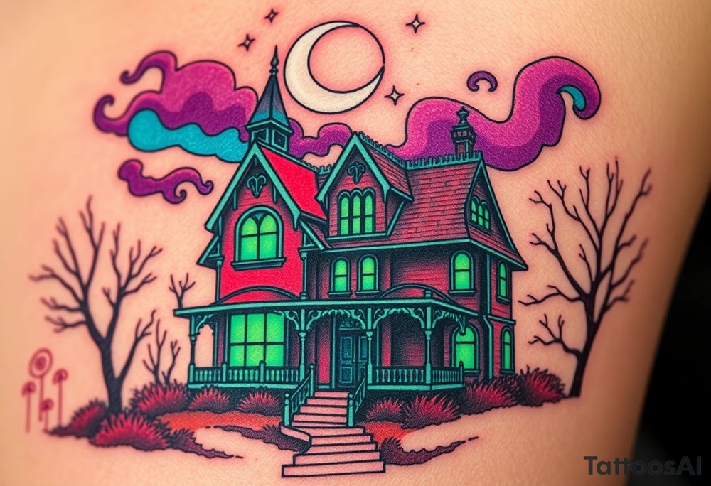 Tim Burton’s haunted victorian home is abandoned and dripping with muted reds, dusty pinks, and eerie green glow.purple and cyan smokey clouds swirl in the crescent moonlit sky thats sprinkled with stars tattoo idea tattoo idea