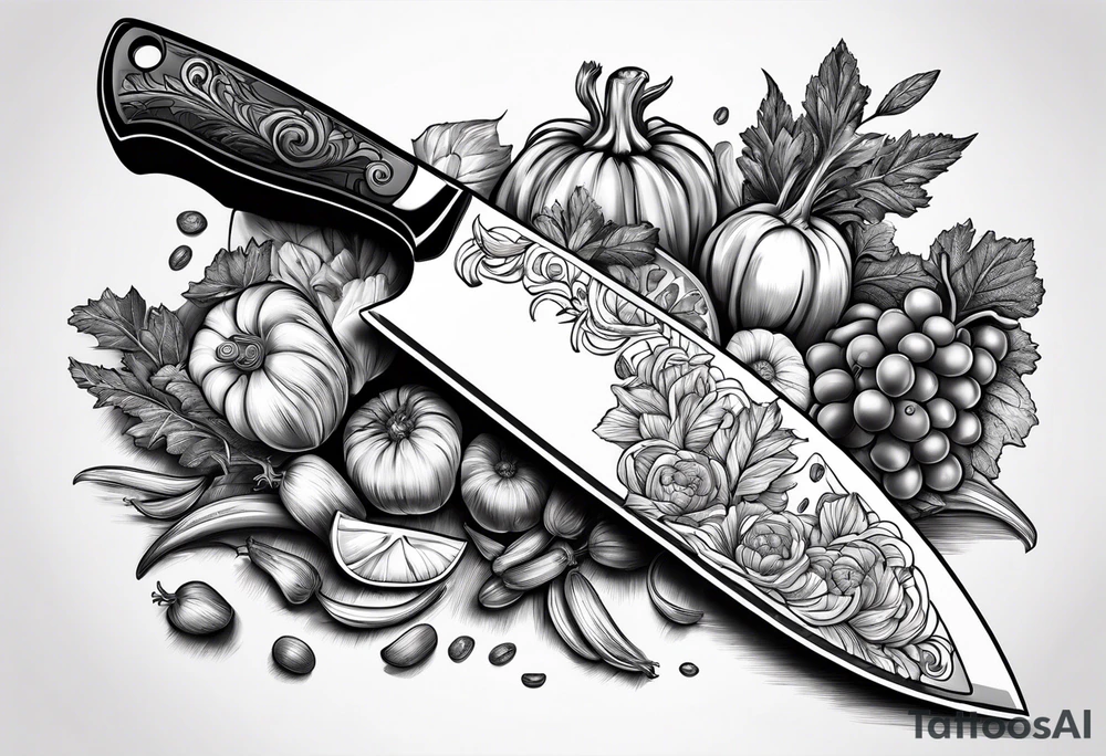 Chef knife with vegetables inside blade tattoo idea