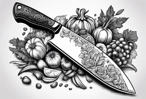 Chef knife with vegetables inside blade tattoo idea