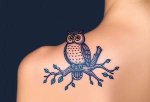 wise owl perched on ancient oak branch under starlit sky tattoo idea