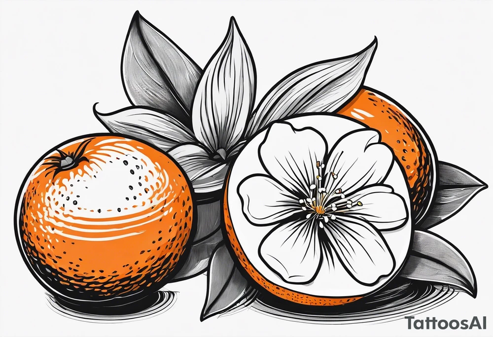 A single orange blossom next to a single orange quarter slice. Simple line art with very minimal shading. do not include full or unpeeled oranges. Do not include stems or leaves. tattoo idea