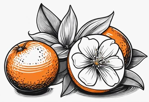 A single orange blossom next to a single orange quarter slice. Simple line art with very minimal shading. do not include full or unpeeled oranges. Do not include stems or leaves. tattoo idea