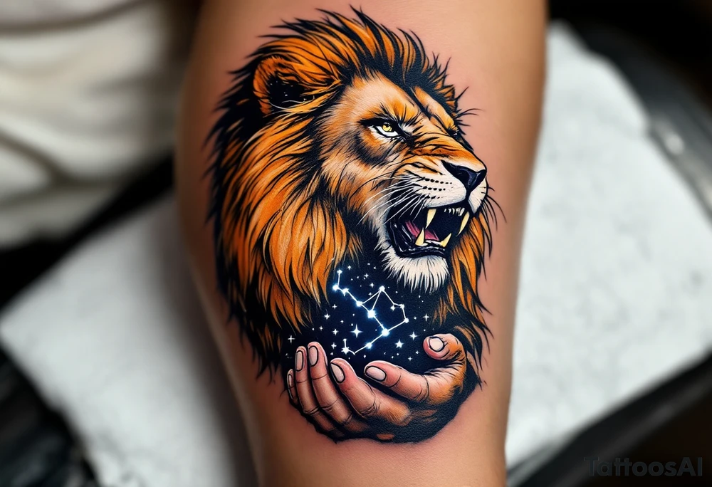 A roaring lion in shades of amber and black cradles the Leo constellation in its paw, traced in delicate white ink. tattoo idea