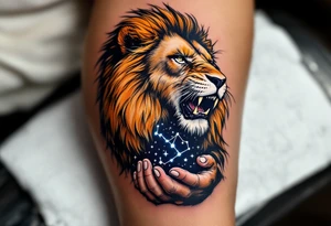 A roaring lion in shades of amber and black cradles the Leo constellation in its paw, traced in delicate white ink. tattoo idea