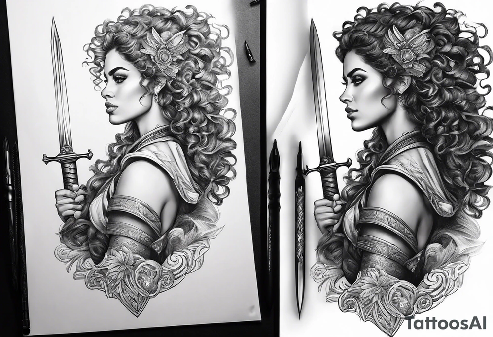 Spanish woman valkyrie curly hair half with sword sleeve arm tattoo idea