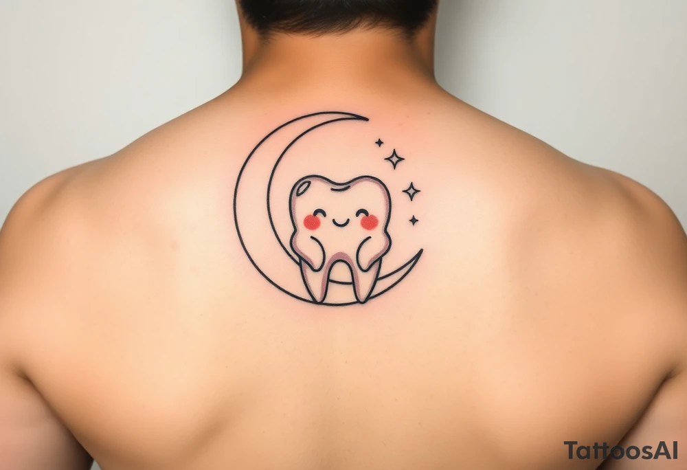 “A cute cartoon-style molar tooth sitting and gently hanging from a crescent moon, surrounded by small sparkling stars. The tooth has a sweet, happy expression (like blushing cheeks and a tiny smile), and the design is minimalistic, clean, and suitable for a small tattoo. Soft pastel colors with smooth shading, delicate outlines, and a dreamy, celestial vibe.” tattoo idea