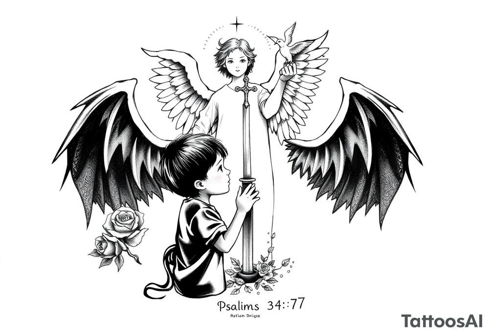 A boy praying in front of a candle casting a shadow in behind him. A guardian angel stands behind him holding a sword pointing into the ground, above the angel are barely visable demons, below everything is the bible verse Psalms 34:7. A rose and dove should be incorporated as well as gothic and fine line tattoo work. tattoo idea
