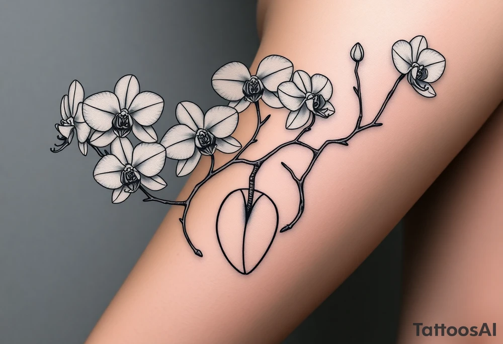 Five delicate fine line orchids different size realistic a mix with vagina female. Are connected with branches tattoo idea