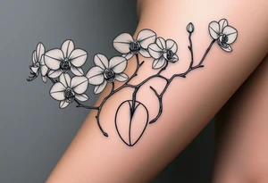 Five delicate fine line orchids different size realistic a mix with vagina female. Are connected with branches tattoo idea