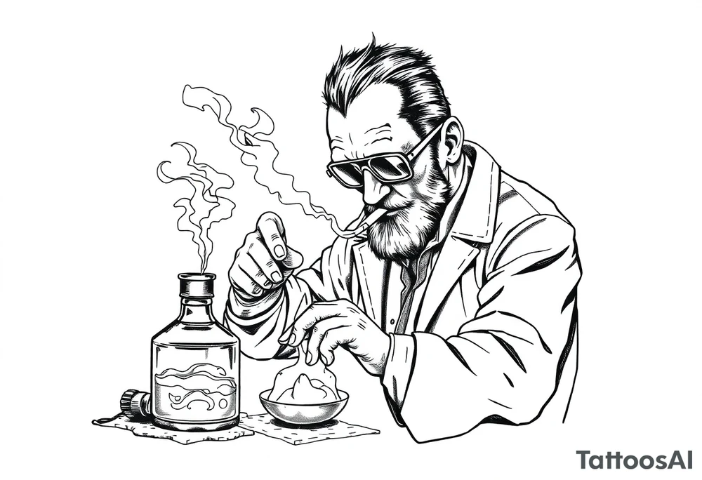 mad scientist cooking meth while smoking out of oil burner tattoo idea