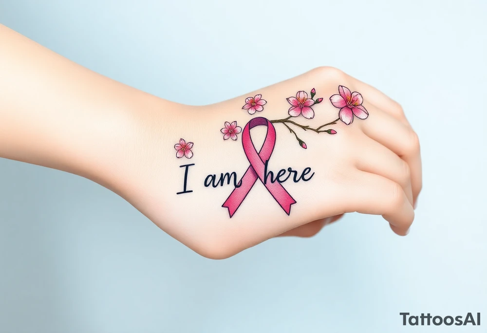 I am here pink ribbon cherry blossom tattoo idea