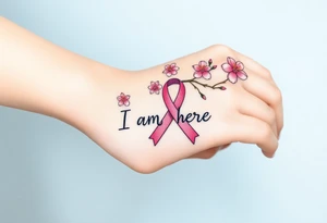 I am here pink ribbon cherry blossom tattoo idea
