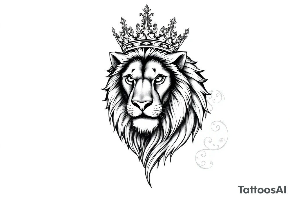 majestic lion wearing ornate crown, surrounded by baroque flourishes tattoo idea