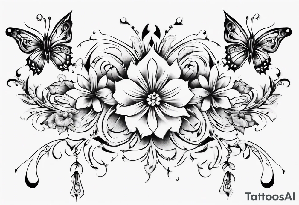 Ankle bracelet tattoo with ornamental style flowers and butterflies and larger in the centre tattoo idea