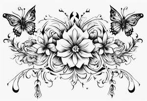 Ankle bracelet tattoo with ornamental style flowers and butterflies and larger in the centre tattoo idea