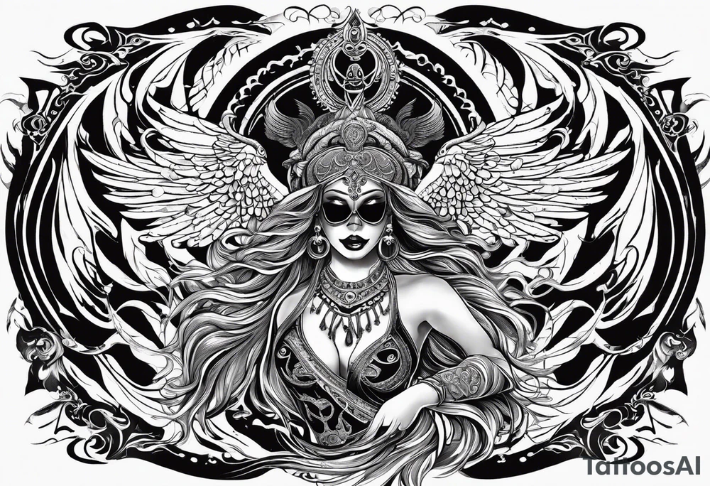 black kali, goddess pirate, alien, angel, pachamama, valkrye, warrior, flying, skull, lotus azul, wing, eagle, zenza resonance, stars, 5D, anahata chakra, death, durga, riding on a tiger, flying lady tattoo idea