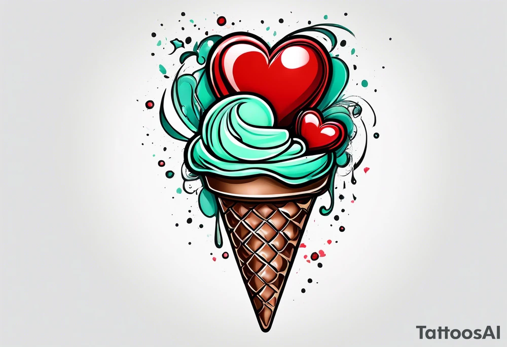 mint chocolate chip ice cream cone with small red heart on it somewhere. tattoo idea