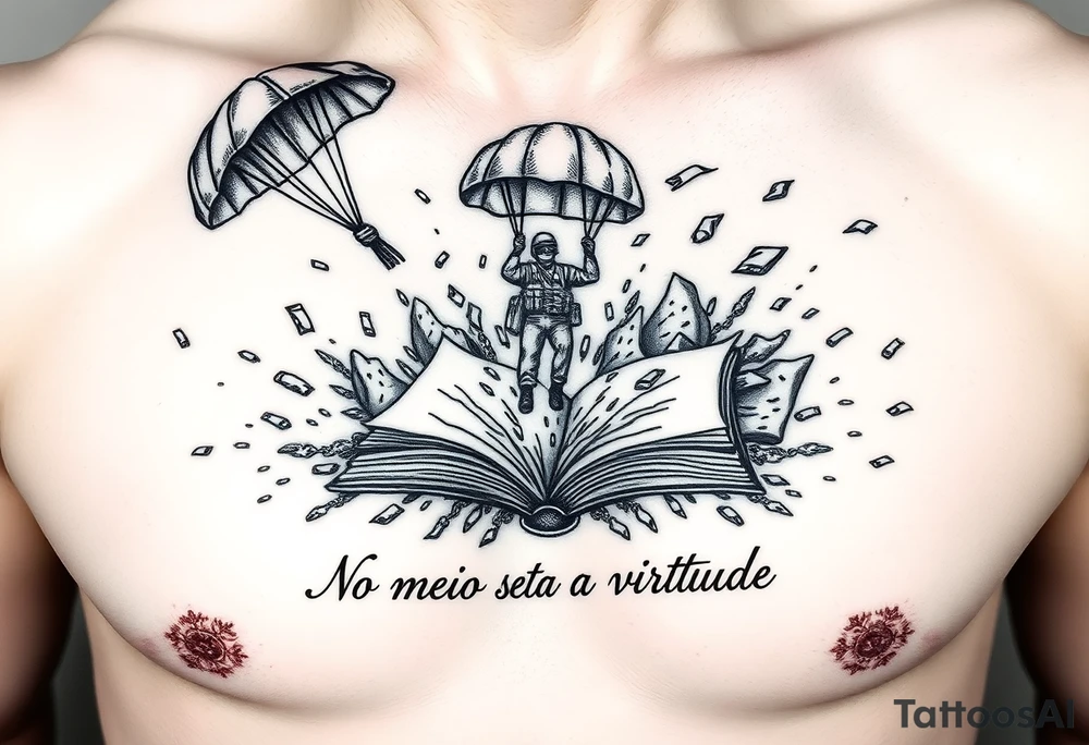 A parachuting soldier landing into an open book. Chaos surrounding, but the book is protecting the soldier from it. On the chest. Make it smaller. Thought provoking. "No meio esta a virtude" underneath the book tattoo idea