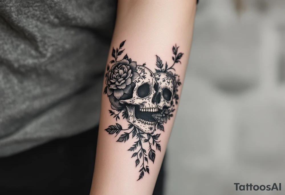 Half sleeve with flowers lace bold and beautiful skulls and lace tattoo idea