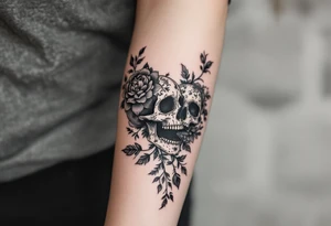 Half sleeve with flowers lace bold and beautiful skulls and lace tattoo idea