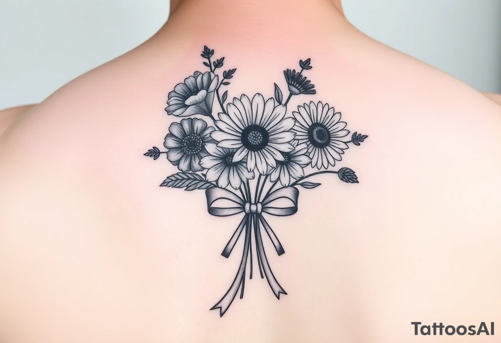 A small bouquet where the carnation, larkspur, daisy, and aster are gathered together at the stems and tied with a flowing ribbon bow tattoo idea