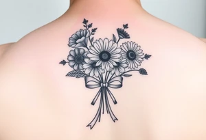 A small bouquet where the carnation, larkspur, daisy, and aster are gathered together at the stems and tied with a flowing ribbon bow tattoo idea