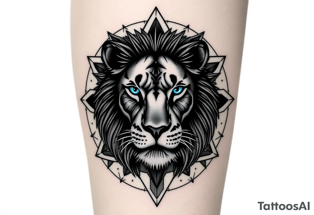 Lions face in a more realism style. Placement is on the back of the leg. Blend elements of curiosity and exploration through nature elements (forest, water, etc). Also add in geometric patterns around the lion. Make the eyes blue. Hide the date 03.12.2025 in Roman numerals somewhere in the geometric patterns. Think real hard and creatively tattoo idea
