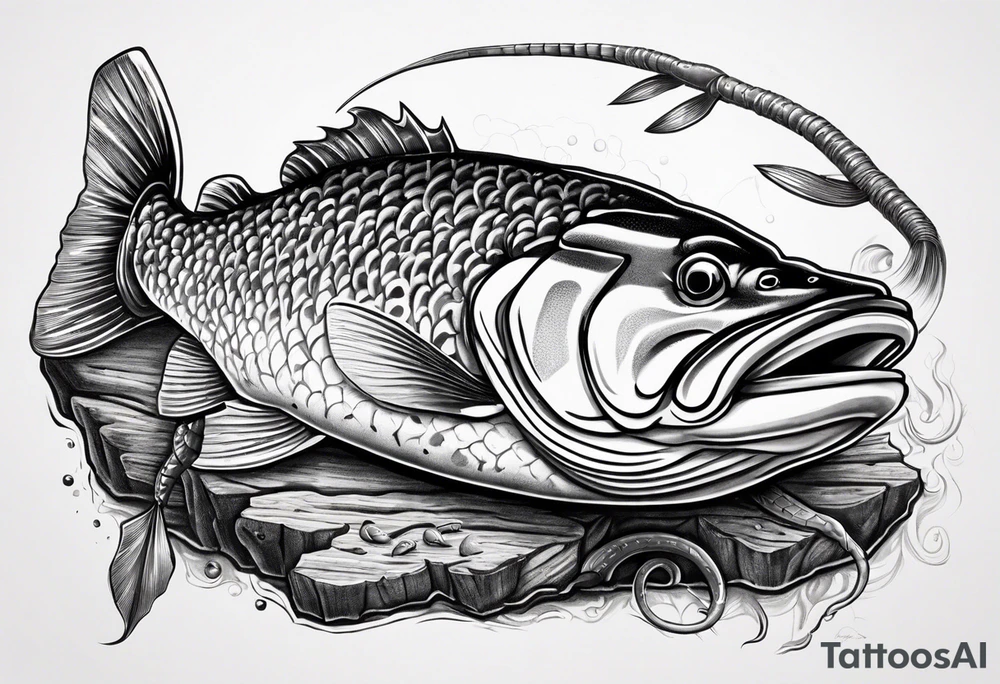 Murray cod with a hook in its mouth on a broken log with a shrimp and yabbie next to it tattoo idea