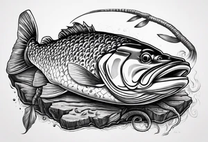 Murray cod with a hook in its mouth on a broken log with a shrimp and yabbie next to it tattoo idea