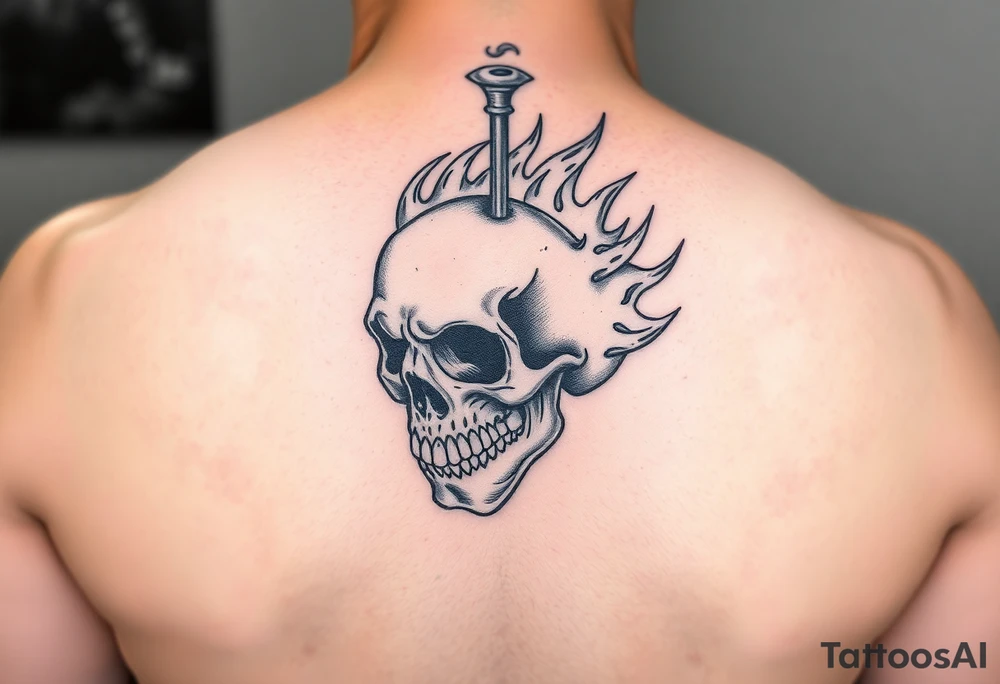 Flaming skull with nail in head tattoo idea
