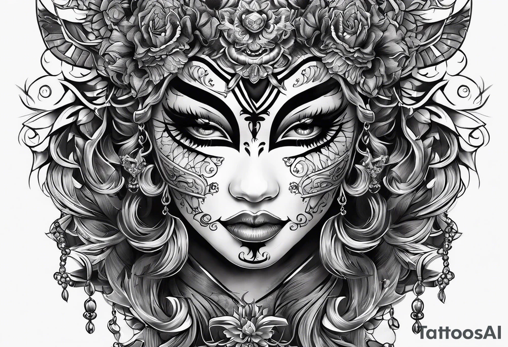 Um gueixa com máscara oni segurando um leque tattoo idea