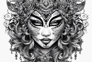 Um gueixa com máscara oni segurando um leque tattoo idea