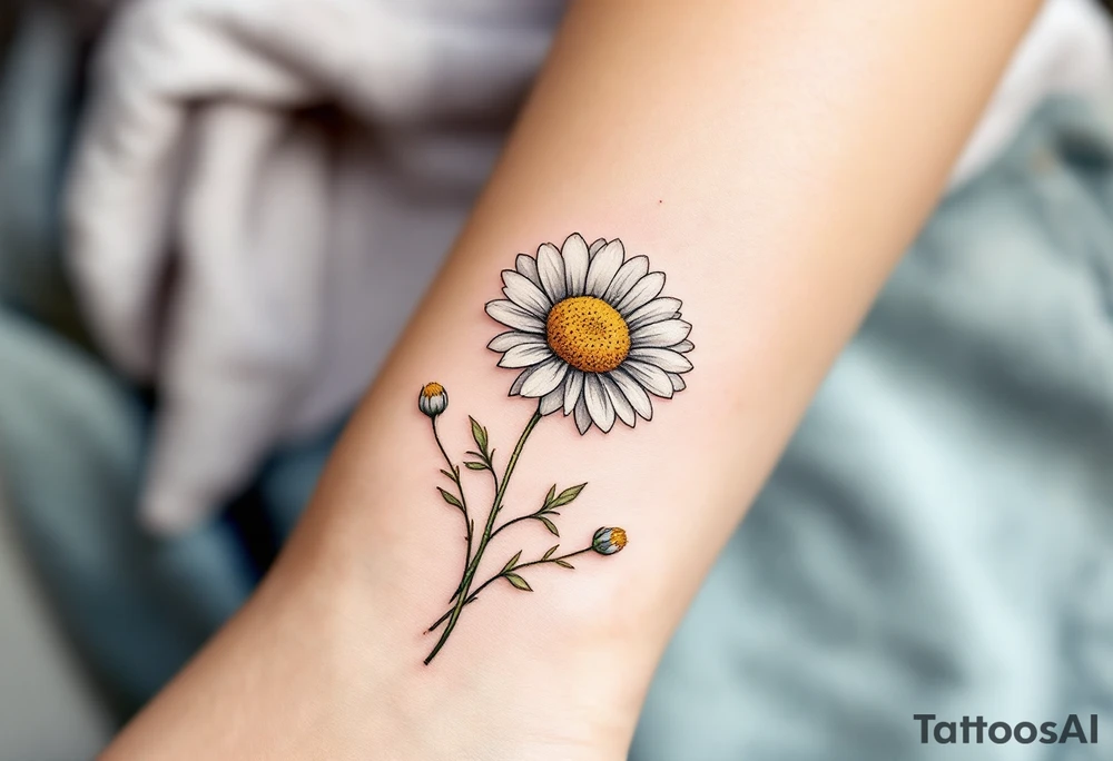 A delicate ox-eye daisy tattoo with pure white petals softly shaded in pale gray, a vibrant golden-yellow center textured with tiny dots, and slender green stems and leaves winding gracefully in a natural, hand-drawn style. tattoo idea