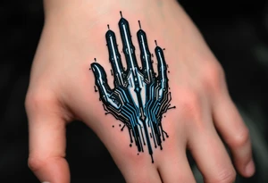 A futuristic chrome hand design with sapphire-blue lines tracing each finger like circuits. tattoo idea