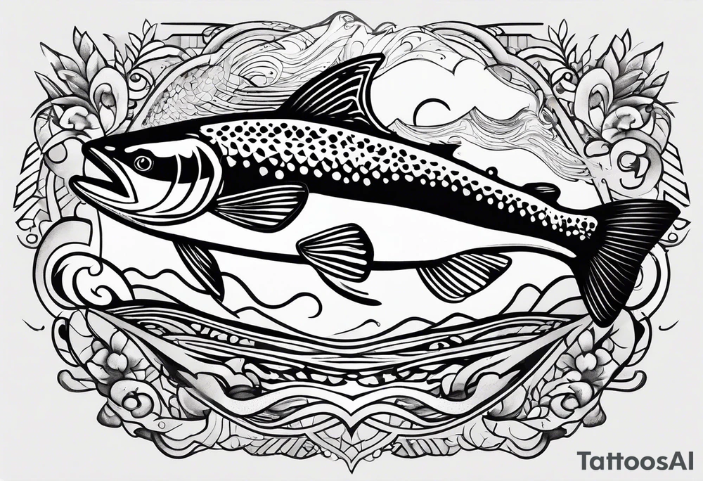 A small tattoo featuring a lovestruck trout as the main theme, drawn without lines, using only color combinations. Minimalistic, tatoo, in artistic or geometric design tattoo idea