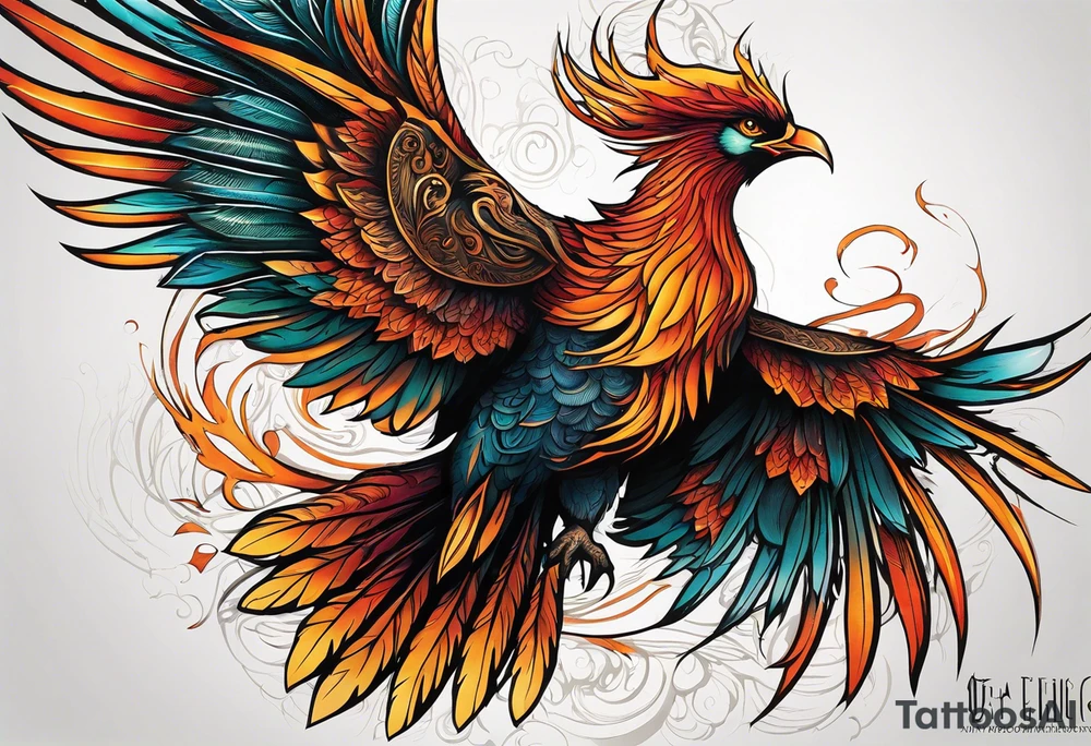 Surreal Tattoo: A powerful, majestic phoenix, depicted mid-flight or rising, with wings extended and feathers flowing. Deep shading and intricate details to bring out the texture and motion of the feathers. Style: Surrealism. tattoo idea