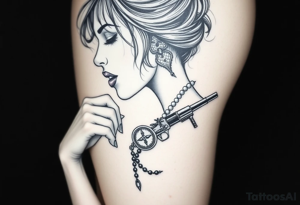 Profile of sexy woman with messy hair 
,resting chin on fist 
, mouth open  , lace, lipstick,  pearls 
compass and gun hand with rosary wrapped around hand tattoo idea
