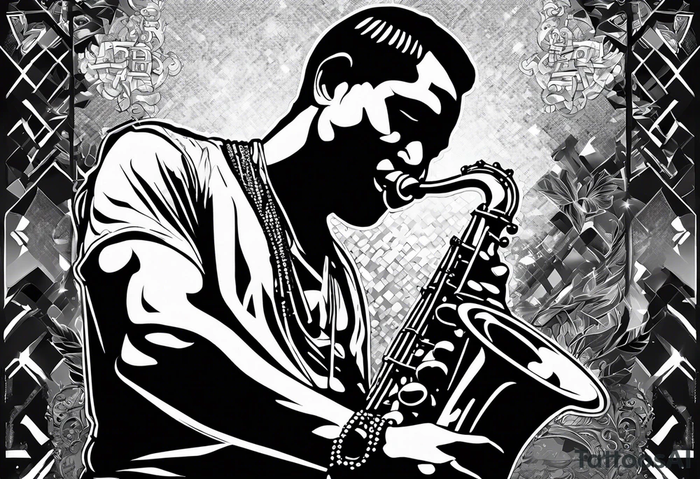 Muay thai boxer playing on tenor saxophone in a jazz club front of a jazz trio band. The notes are coming out from the saxophone and turning into buddhist symbols. tattoo idea