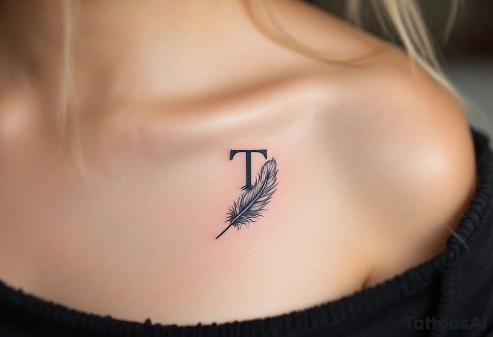 A soft gray "T" with a feather wrapped around its stem, symbolizing lightness. tattoo idea