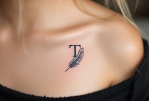 A soft gray "T" with a feather wrapped around its stem, symbolizing lightness. tattoo idea