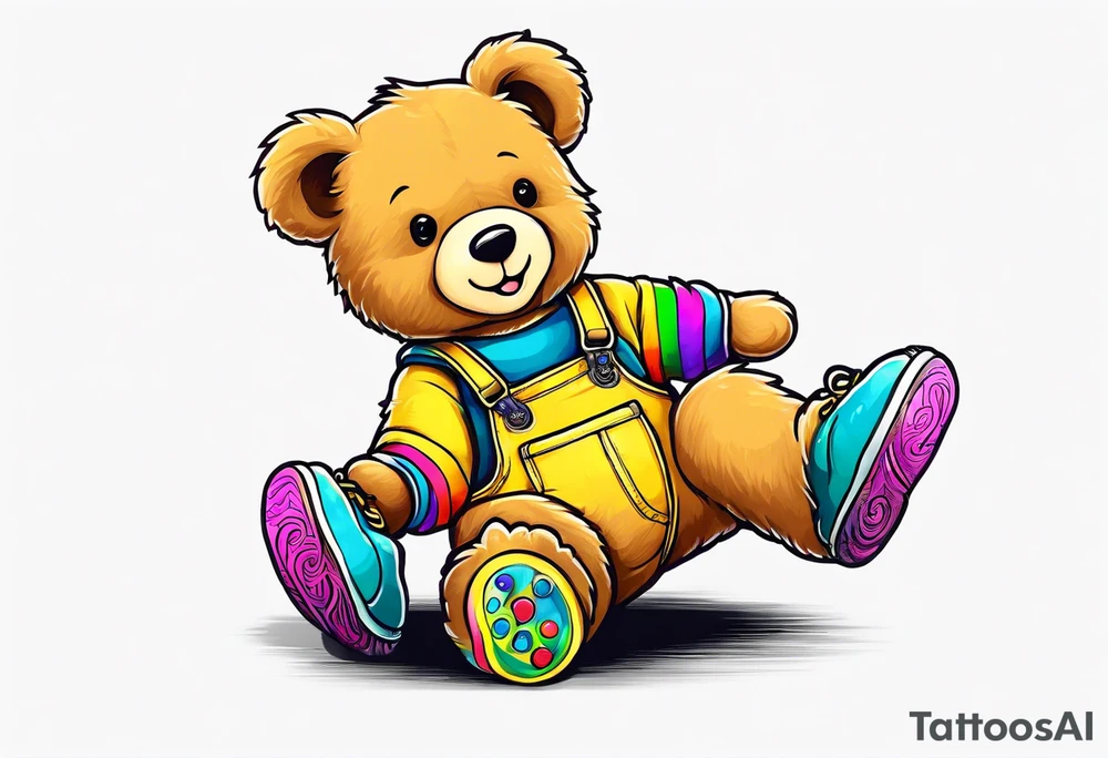 A light brown teddy bear in yellow overalls, wearing rainbow colored skates tattoo idea