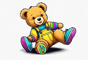 A light brown teddy bear in yellow overalls, wearing rainbow colored skates tattoo idea
