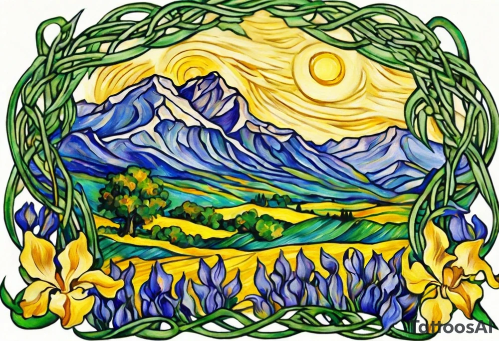 Create a colorful Vincent van Gogh's Irises tattoo, with vines in Celtic knots gracefully holding mountains in a wreath. The intended placement is on the upper chest. The overall design should be small in size while maintaining a delicate and artistic aesthetic. Pay attention to the graceful flow of the vines and the placement of the irises to achieve a refined and elegant look. tattoo idea